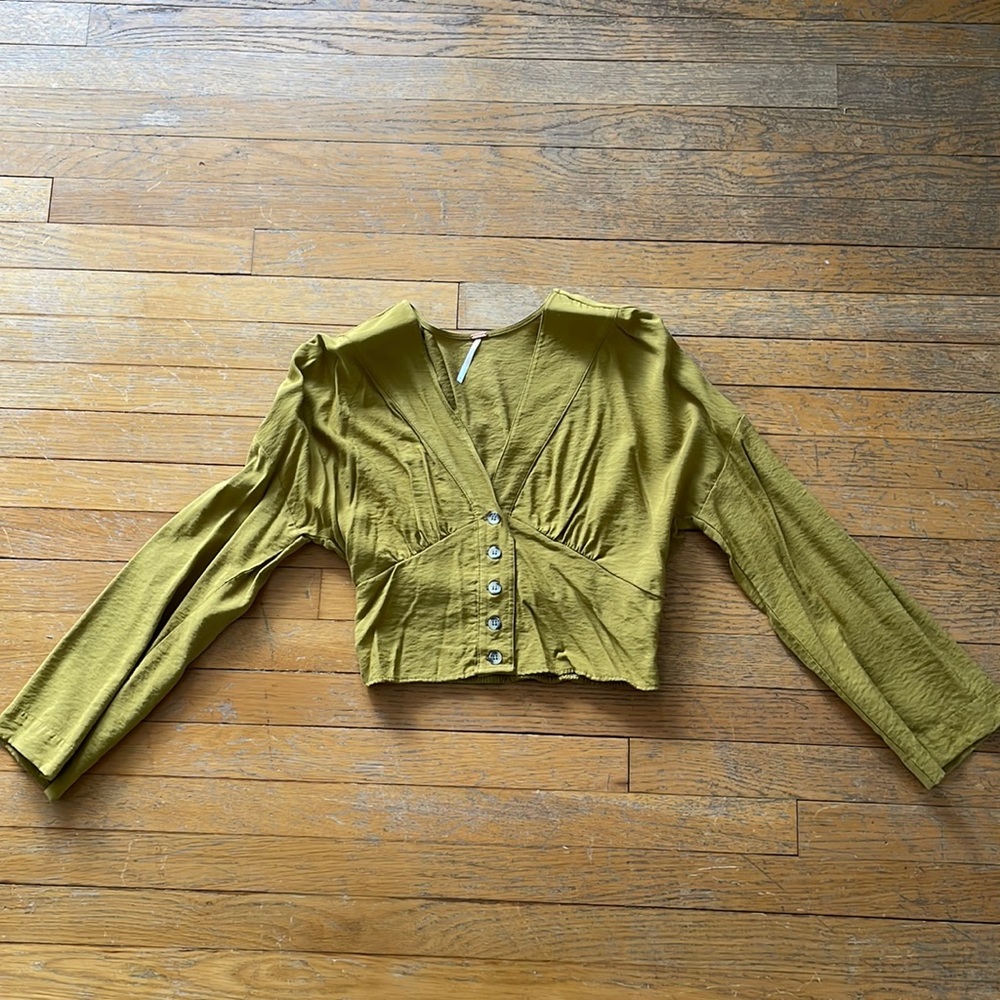 Free People Olive Green Button-Front Cropped Blouse